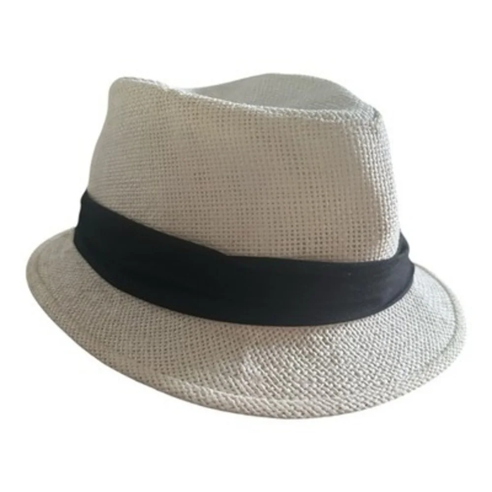 White Paper Straw Fedora Hat Black Band Size L/XL Summer Trilby VG Unisex